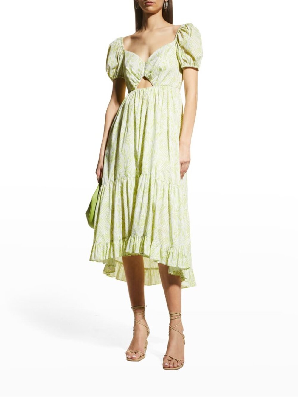 Women's Green & White Puff Sleeve Midi Tevah Dress